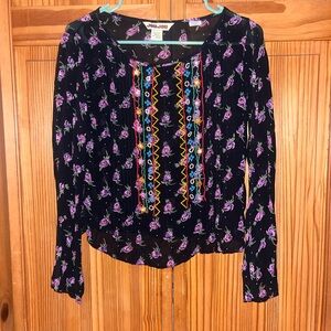 Jou Jou Black Long-Sleeve Floral Top with Colorful Embroidered Front